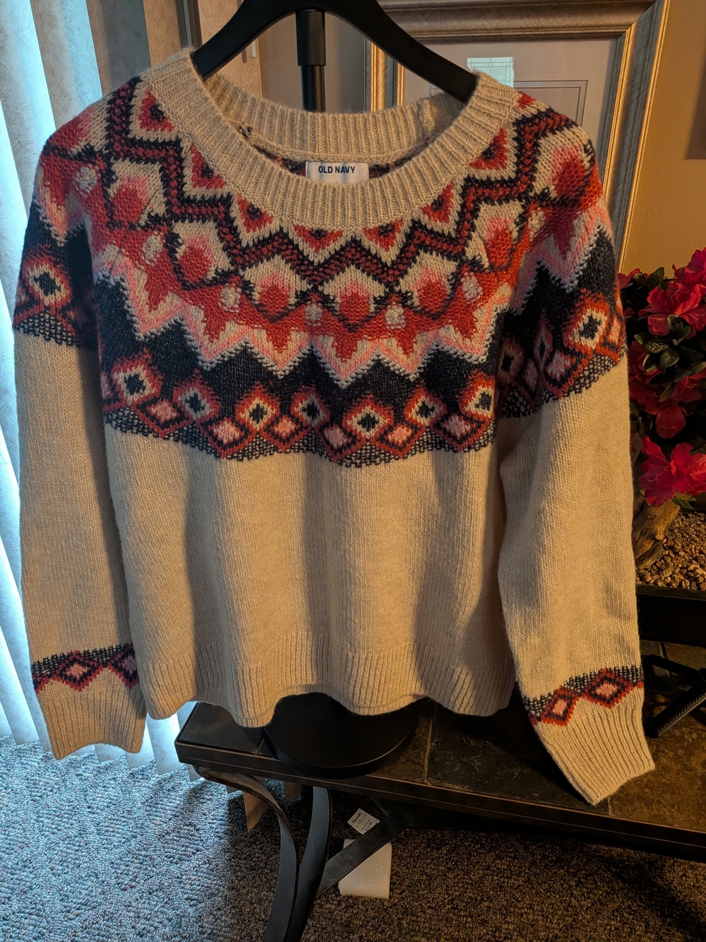 Old Navy Cream Crewneck Sweater with Multicolor Fair Isle Yoke